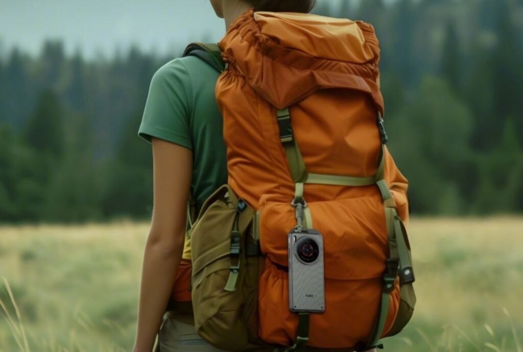 A girl hanging the Nubia z60s at her back  and trekking