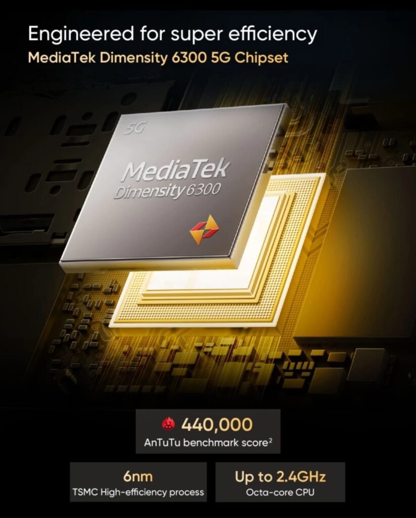 The image shows the chipset of Realme C63 that is Mediatek C63 and it's Antutu Score of 440,000