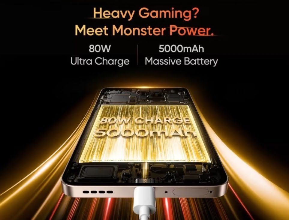 The image shows the battery capacity and 80 w charging of Realme 13+