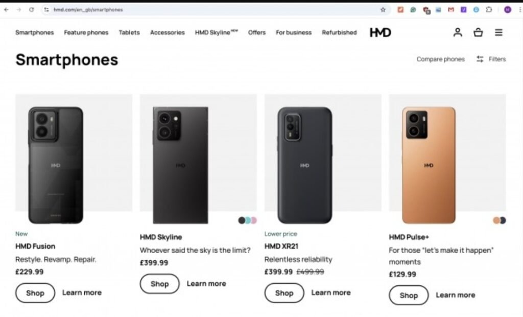 The image shows the website of HMD global  UK where Nokia phones are delisted