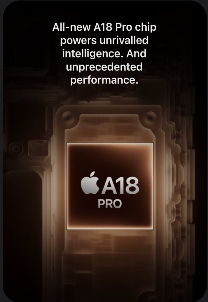 The image shows the A18 bionic chip which powers the Iphone 16 series