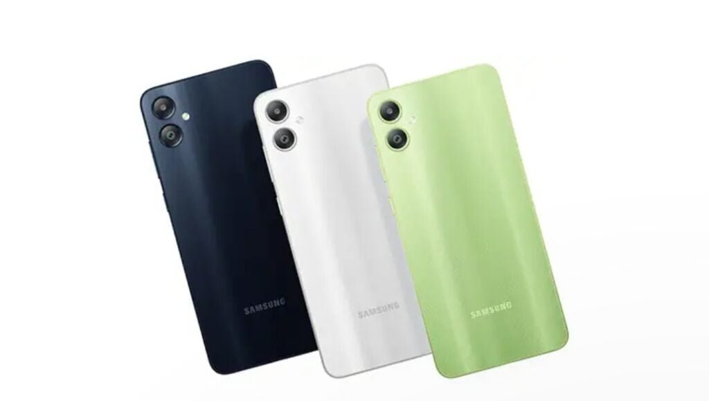 The image shows the Samsung Galaxy F05 in its three colours