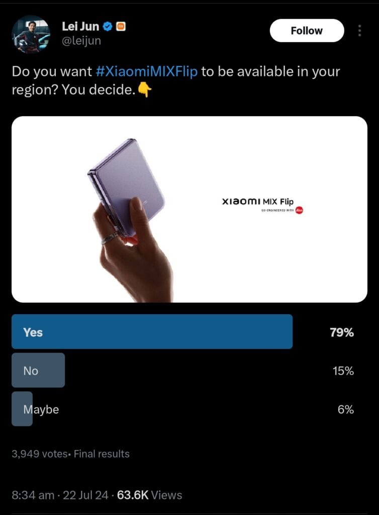 The image shows the poll that CEO Lei Jun posted about the Xiaomi Mix flip on his account X